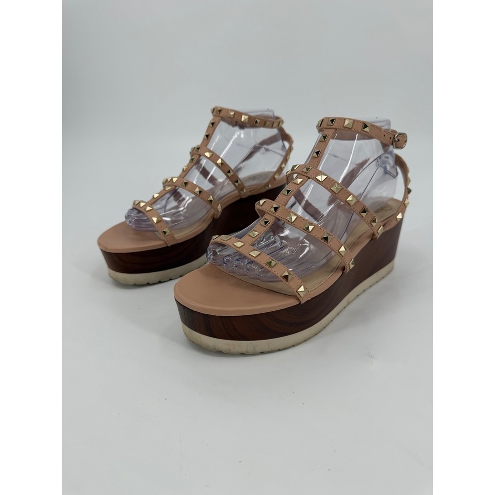 Vince Camuto Pemolie Studded Platform Wedge Sandals Tan Leather Womens 8.5M 39